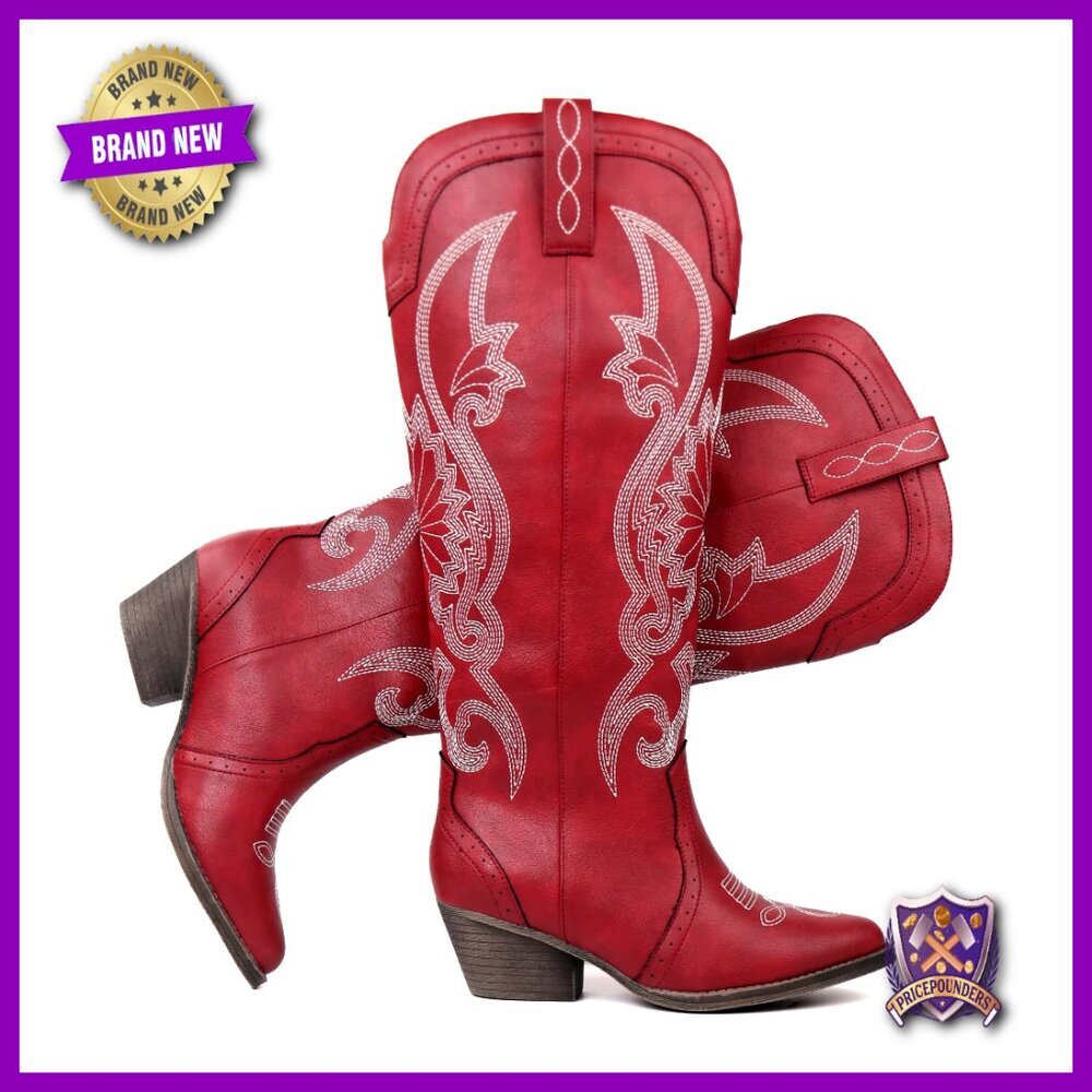 Western Cowboy Boots Slip On Pointed Toe Block Heel Embroidered Tall Knee High
